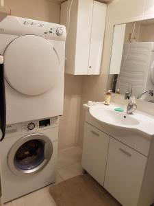 W łazience znajduje się pralka i umywalka. w obiekcie Blau Guesthouse w mieście Netanja