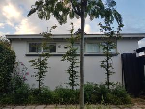 een wit huis met bomen ervoor bij Studio Baarn with patio, airco, pantry, bedroom, bathroom, privacy - Amsterdam, Utrecht in Baarn
