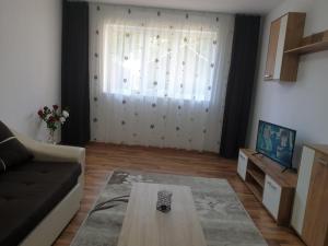 a living room with a couch and a window at Cazare apartament cu 2 camere in Nehoiu