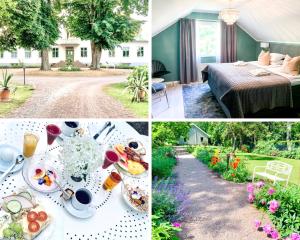 a collage of photos with a table of food in a garden at Drottning Victorias Hotell & Vilohem in Borgholm
