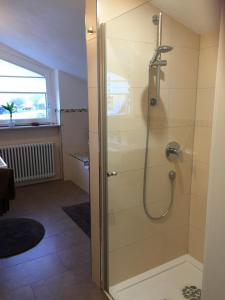 a shower with a glass door in a bathroom at Auszeit in Ettenheim