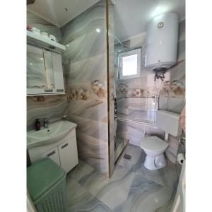 uma casa de banho com um chuveiro, um WC e um lavatório. em Caričin konak em Peta