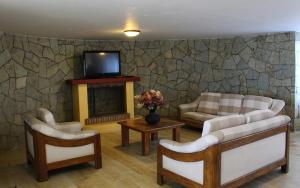 a living room with couches and a tv and a fireplace at Villas del Sol Hotel & Bungalows in Oaxaca City