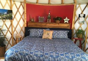 1 dormitorio con 1 cama en una yurta en Mountain Springs Cabins, en Candler