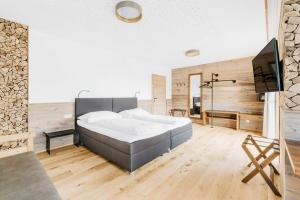 a bedroom with a bed and a flat screen tv at Jacky's Mühle in Gols