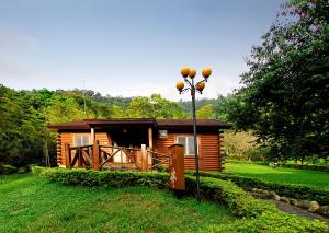 a log cabin with a porch and a street light at Sun Moon Lake Youth Hostel in Yuchi