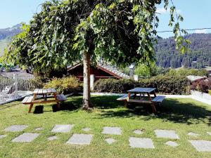 two picnic tables in the grass under a tree at Résidence Julianna , trajets remontées mécaniques , livraison viennoiseries, piscine couverte in Morzine