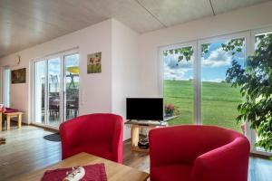 a living room with two red chairs and a television at Ferienhof Weber Ferienwohnung Buche in Neukirch