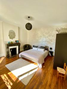a bedroom with a bed and a fireplace at La Caudalie in Deux-rivières