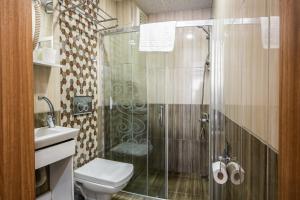 a bathroom with a shower and a toilet and a sink at Istanbul Sirkeci Hotel in Istanbul
