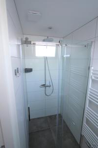 een badkamer met een douche en een glazen deur bij Beaufort in Egmond aan Zee
