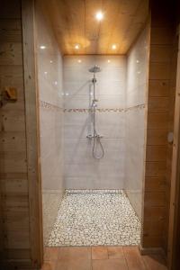 een badkamer met een douche en een tegelvloer bij Chalet Skadi in La Bresse +26 foto's