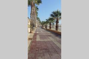 un marciapiede fiancheggiato da palme su una spiaggia di Apartamento familiar a orillas del Mar Menor a Los Alcázares