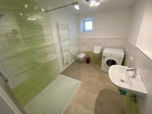 ein Badezimmer mit einer Dusche, einem Waschbecken und einer Waschmaschine in der Unterkunft Quartier am Haff in Ueckermünde