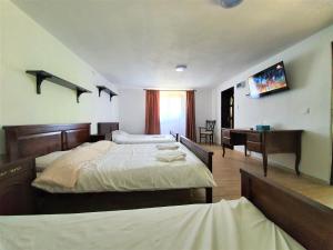 Un dormitorio con una cama grande y un escritorio. en Casa Muscelelor, en Pietroşani