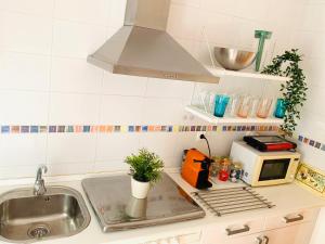 blat kuchenny ze zlewem i kuchenką mikrofalową w obiekcie Bonito apartamento junto al Gran Teatro Falla w Kadyksie