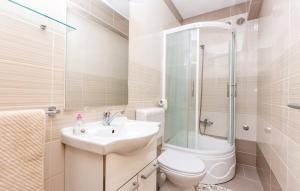 La salle de bains est pourvue d'un lavabo, de toilettes et d'une douche. dans l'établissement Apartment VESNA, à Selce