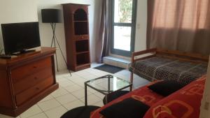 a living room with a couch and a tv at appartement simple entier avec cour pour 2 a 7 personnes in Château-Gontier