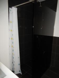 a shower with a white shower curtain in a bathroom at Haus Stadler in Irsch