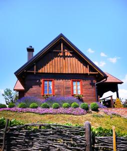 a wooden house with flowers in front of it at Kuća za odmor Stara hiža in Selnica