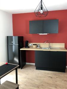 a kitchen with a sink and a refrigerator at Appartement 6pers spacieux et fonctionnel in Saumur