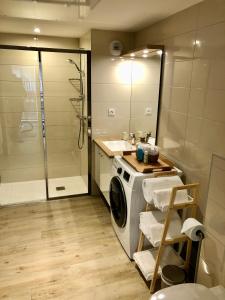 a washing machine in a bathroom with a shower at Brand new studio in the heart of Cannes in Cannes