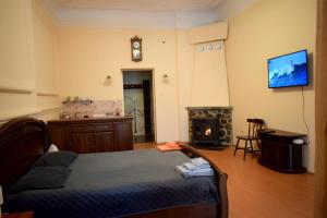 a living room with a bed and a fireplace at Stone Garden in Liepāja