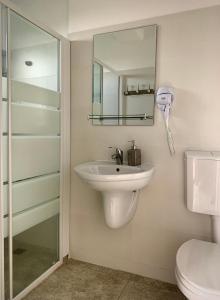 ein Badezimmer mit einem Waschbecken, einem Spiegel und einem WC in der Unterkunft Vila Azaleea in Vama Veche