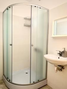 a bathroom with a glass shower and a sink at Vila Azaleea in Vama Veche