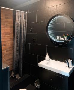a bathroom with a sink and a mirror at HARMONY Design and Vacation House in Bigauņciems