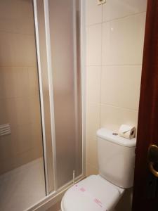 a small bathroom with a toilet and a shower at Mira Parque in Albufeira
