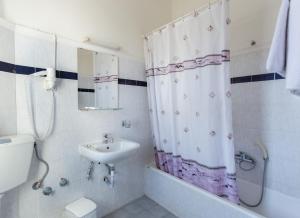 La salle de bains est pourvue d'un lavabo et d'un rideau de douche. dans l'établissement Anesis Hotel, à Kozani