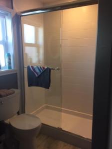 a bathroom with a glass shower with a toilet at Money Pennies Bed and Breakfast in Campbell River