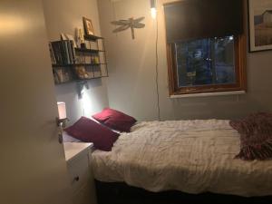 een slaapkamer met een bed met rode kussens en een raam bij Ingarö Brudbergsvägen 17 in Stockholm
