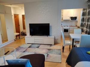 een woonkamer met een flatscreen-tv op een kast bij M Apartments Vuorentaustantie in Tampere