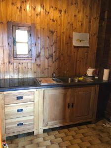 a kitchen with a sink and a wooden wall at Chalet Mondjoin in Torgnon
