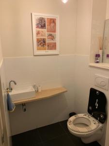 a bathroom with a white toilet and a sink at Holiday home at the water, fire place, boat and SUP rent, near Amsterdam in Aalsmeer