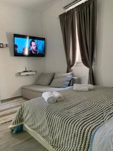 a bedroom with a bed and a tv on the wall at Dominik apartment in Patmos