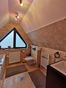 a bathroom with a toilet and a window at Apartament Kalinderu K1 Bușteni in Buşteni +76 photos