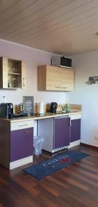a kitchen with purple cabinets and a counter top at Tulpenoase in Neuendettelsau