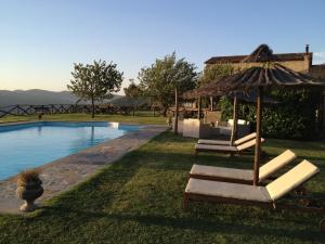a pool with lounge chairs and an umbrella at Agriturismo Acero Rosso in Civitella di Romagna +17 photos