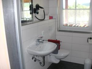 a bathroom with a sink and a toilet at Pension zur Traube 3 Sterne in Oberschwarzach