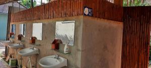 Sa Ðéc的住宿－花與蛙民宿，浴室设有四个水槽和墙上的镜子