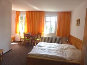 um quarto com uma cama, uma mesa e cadeiras em Pension und Gaststätte Naturbaude Eschenhof em Kurort Oberwiesenthal