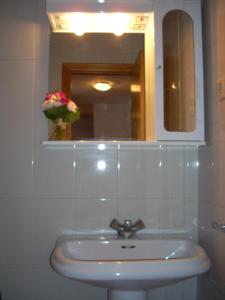 a bathroom sink with a mirror and a vase of flowers at Ribagorza in Benasque +28 photos