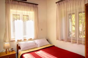 1 dormitorio con 1 cama y 2 ventanas en Dual house in Methydrio, en Vitina