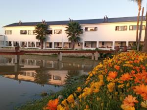 a building next to a body of water with flowers at Middelplaas Paarl Guesthouse in Paarl