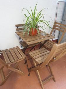 a wooden table and chairs with a potted plant at Centroapartament Las Letras in Madrid