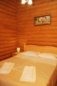 two beds in a room with wooden walls at Monte Vista in Rostoka