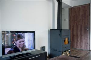 a tv and a fireplace in a living room with a television at House Neza in Kranjska Gora